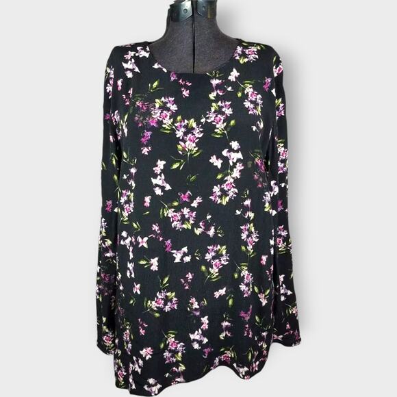J. Jill Layered Asymmetric Floral Print Top Black Rayon Long Sleeve Size Large - Picture 1 of 9